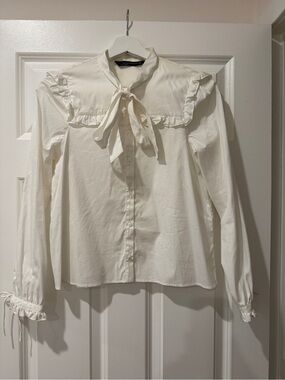Zara White Bow-Tie Ruffle Blouse